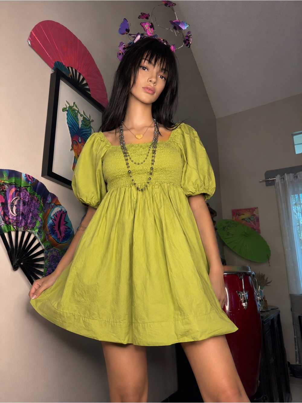 Lime Puff-Sleeve Babydoll Dress - Women